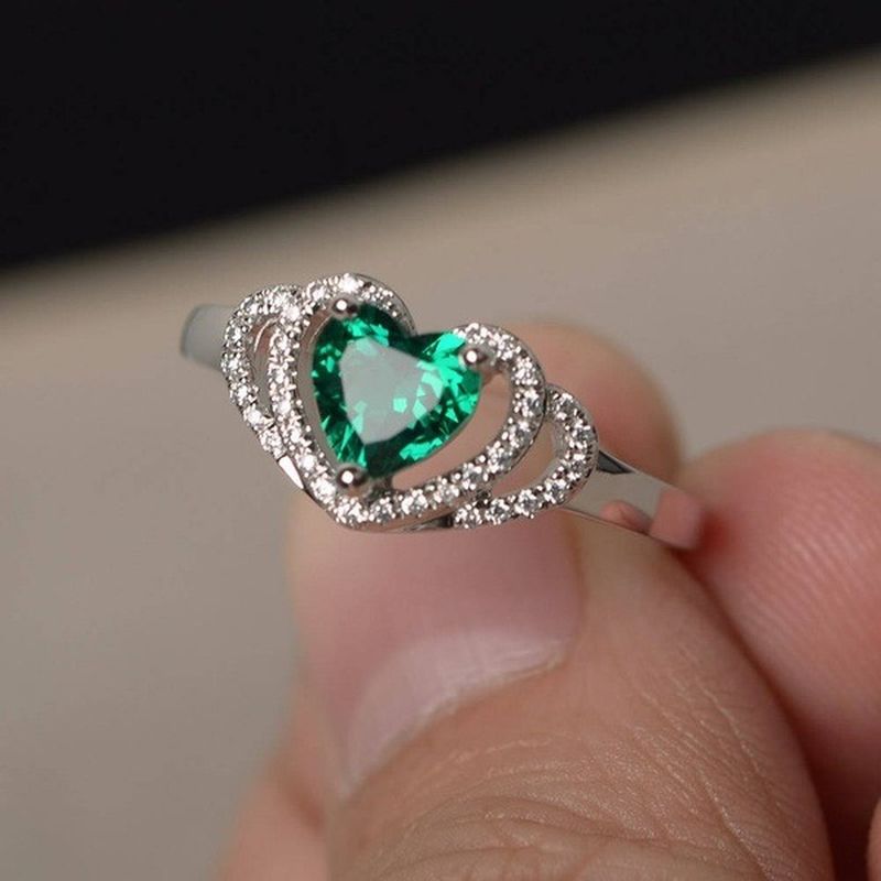 심장 모양의 녹색 입방 지르콘 반지 여성 에메랄드 결혼 약혼 기념일 손가락 반지